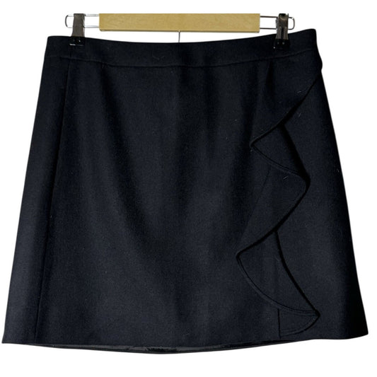 J.Crew Women Size 10 Black Wool Skirt Ruffle Front Fully Lined 100% Wool Classic