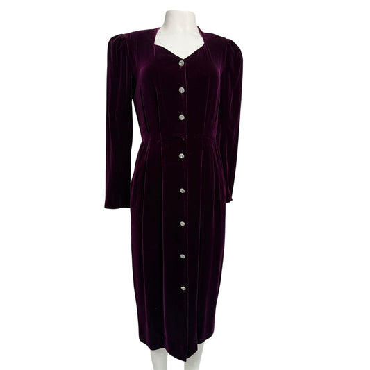 Vintage Liz Claiborne Purple Rayon Silk Midi Dress Rhinestone Buttons Pockets V-Neck M