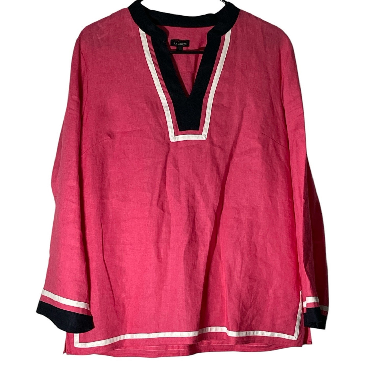Talbots Nautical Tunic Top 100% Linen Womens Size Medium Pink 3/4 Sleeve