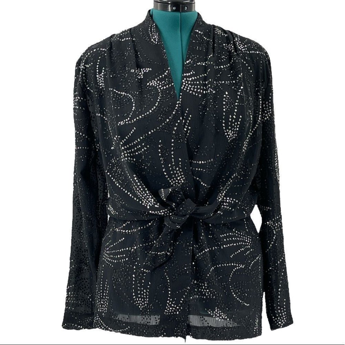 Vintage Monica Heart Shimmer Womens Blouse Black Tie Front V-neck Size 12