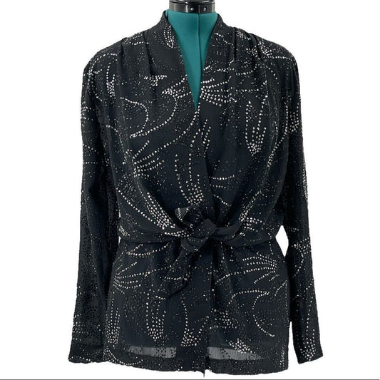 Vintage Monica Heart Shimmer Womens Blouse Black Tie Front V-neck Size 12