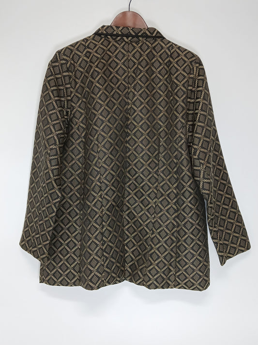 "Roaman's Women's 14W Black Gold Geometric Blazer Jacket – Plus Size Elegant Polyester Coat"